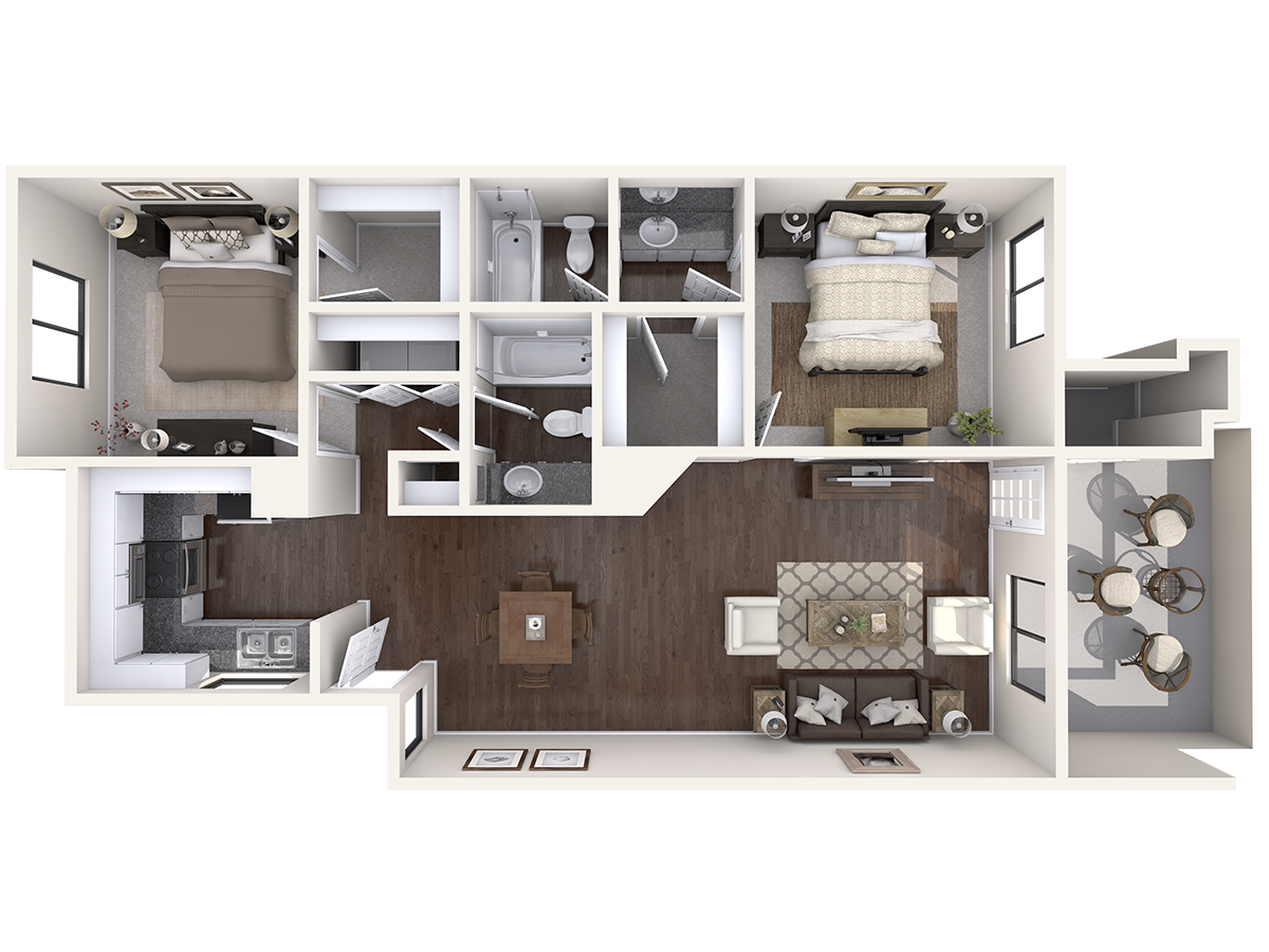 Floor plan for 2 beds, 2 baths, 1020 sqft